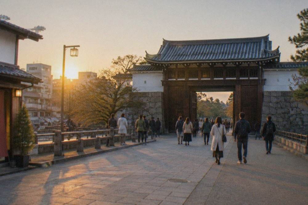 A wide paved path leading toward a historic wooden castle gate in Kyoto