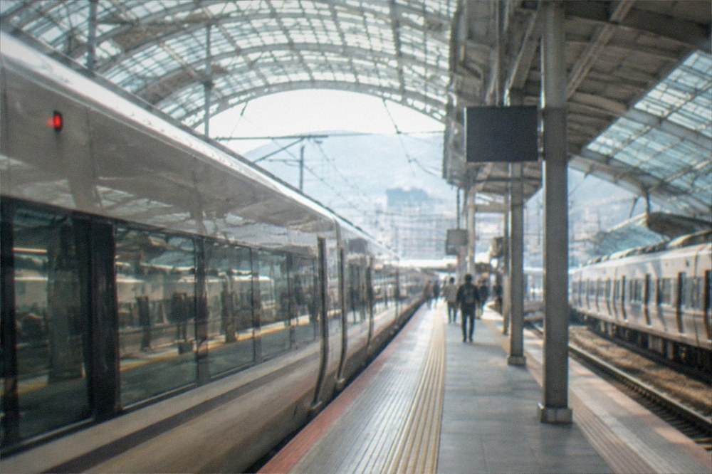 Trains lined up at Kyoto Station platforms under a curved glass roof