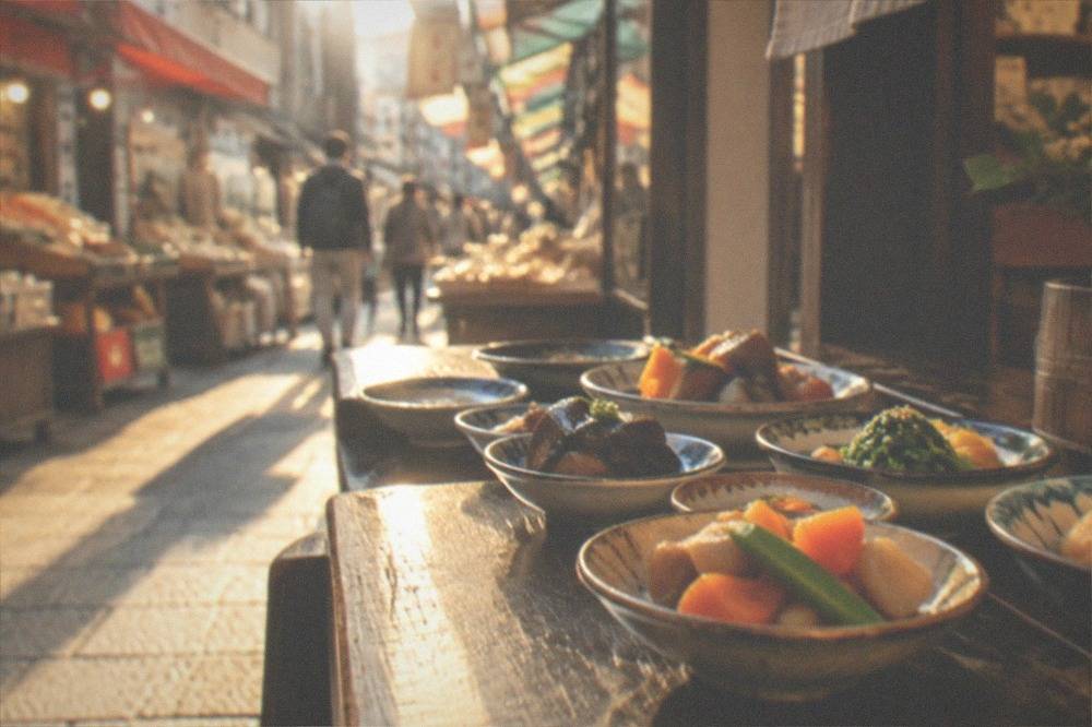 Small plates of simmered vegetables arranged on a dark wooden table in a Kyoto kitchen