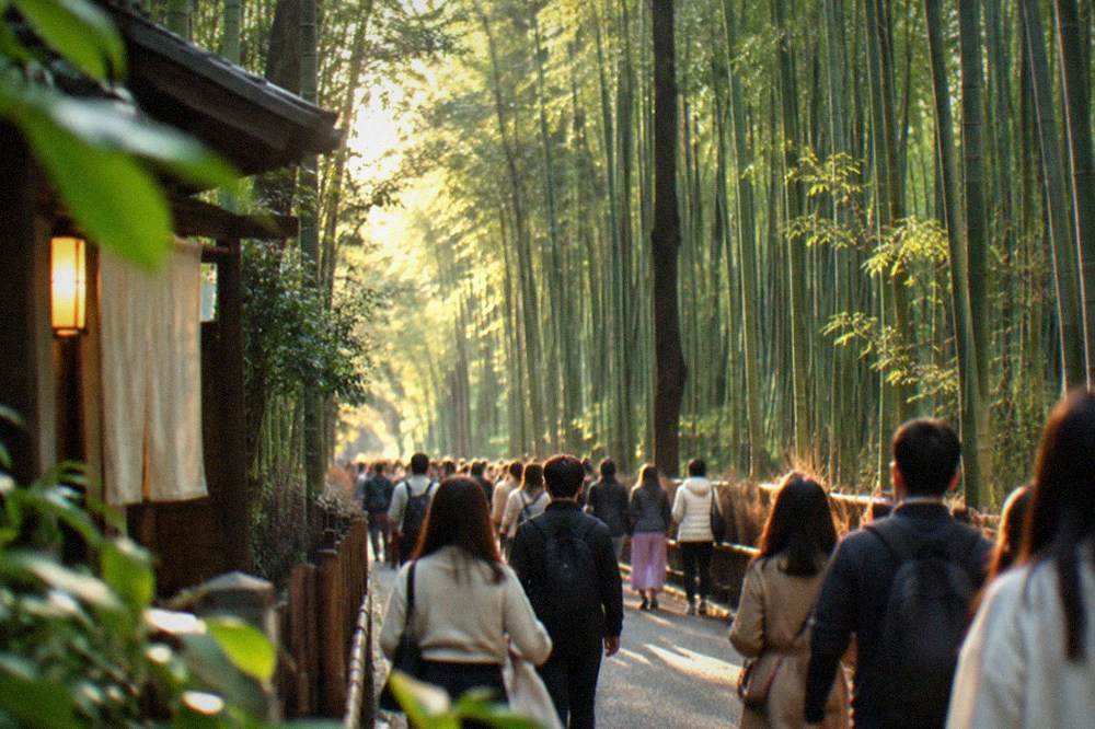 Tourists filling the wide path through the tall green bamboo stalks of the Arashiyama bamboo grove