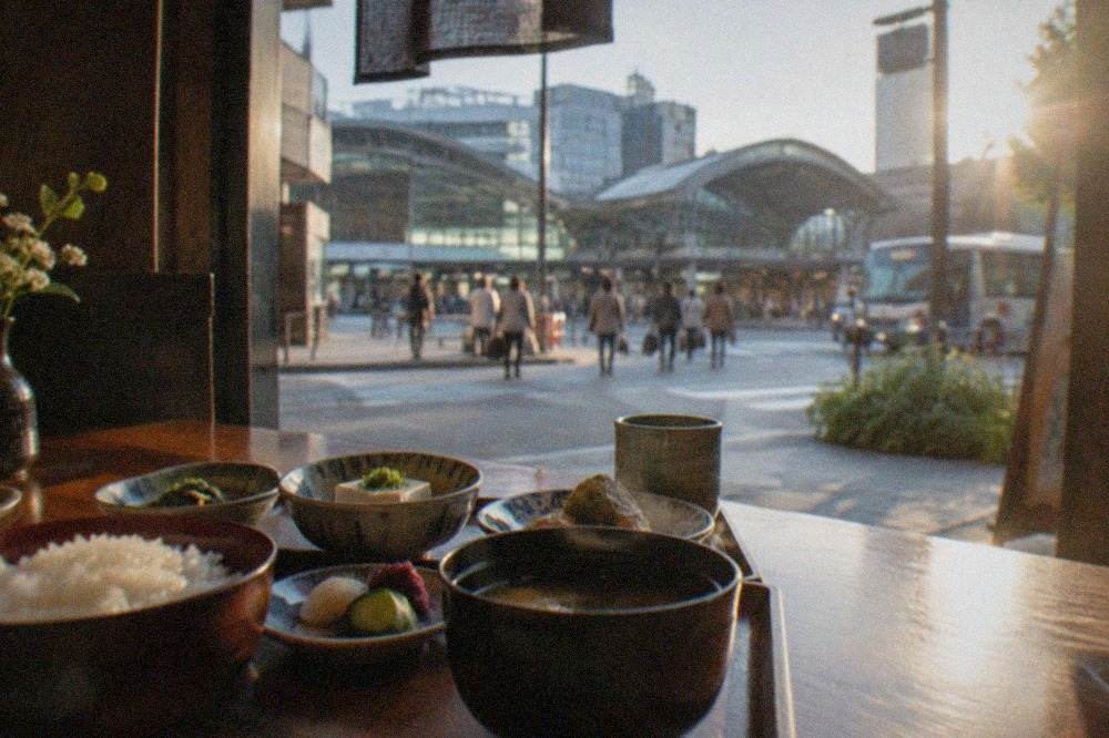 A wooden counter covered with small Kyoto dishes, pickles, tofu and rice in lacquer bowls