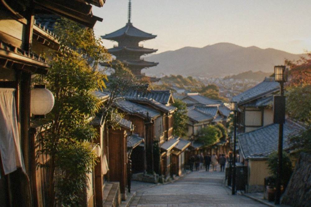 Kyoto cityscape with temple roofs and distant forested mountains under a clear sky