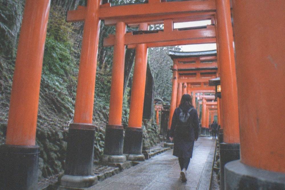 Vermilion torii gates lining a stone path up a wooded hillside at Fushimi Inari