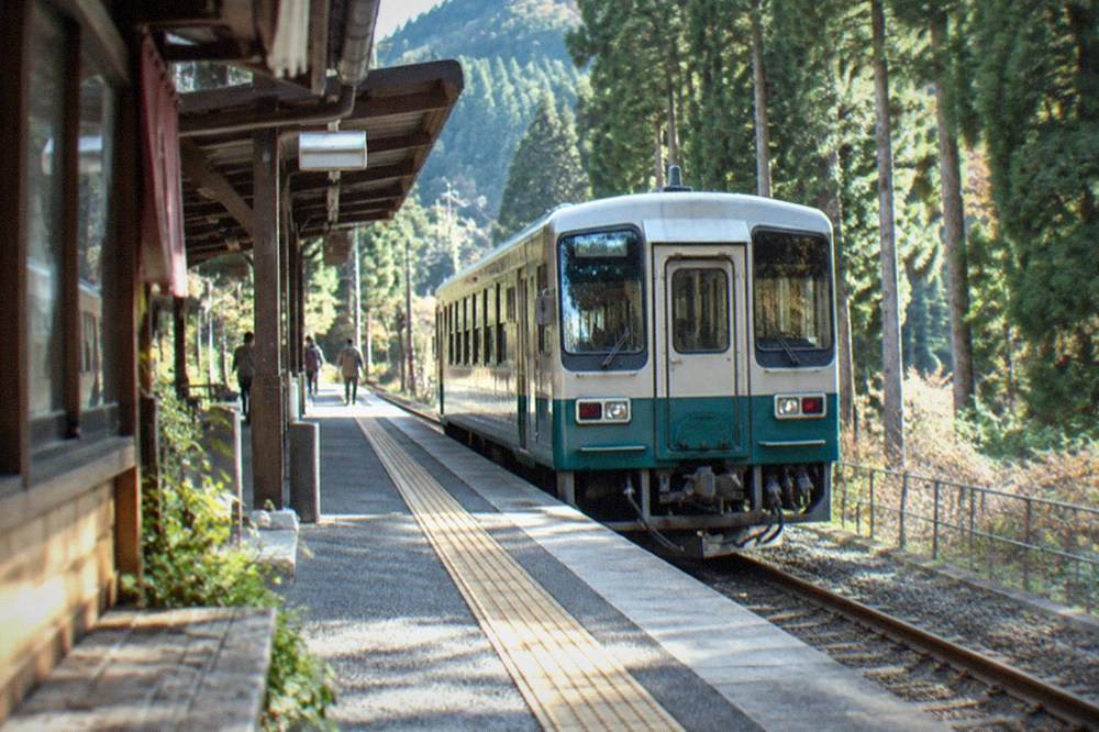 A mountain railway platform with a single-car train waiting in cedar forest