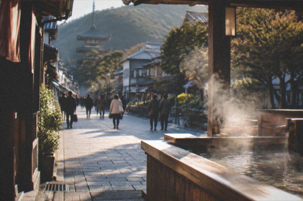 An open-air wooden bath at dusk with steam drifting toward dark forested hills