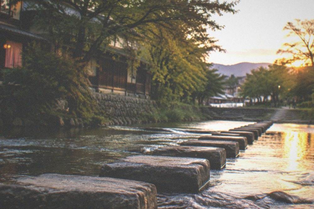 Stepping stones crossing a shallow river at dusk with trees along both banks