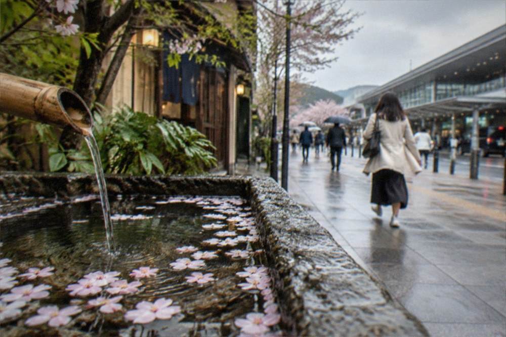 Cherry blossom petals floating on the surface of a rain-filled stone water basin