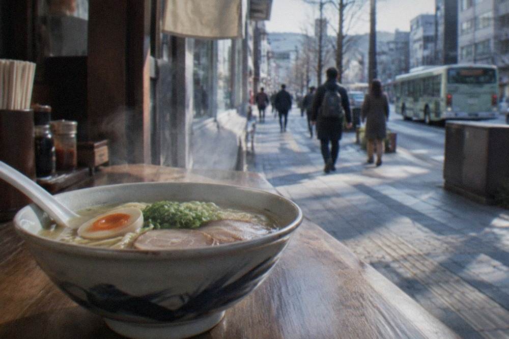 A steaming bowl of ramen with sliced pork, green onion and a soft egg on a wooden counter
