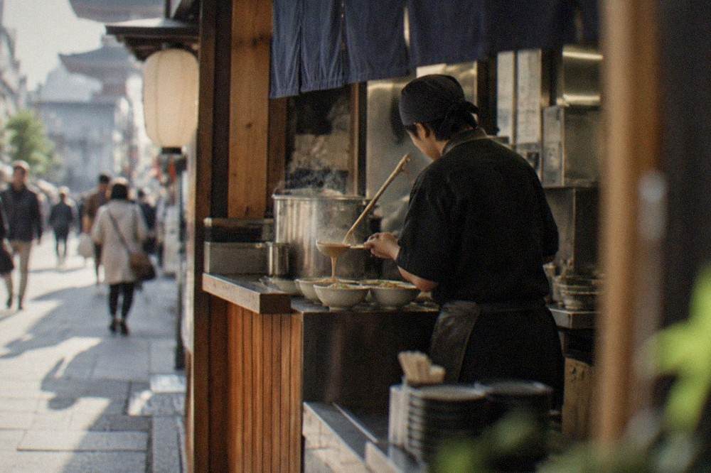 A chef ladling dark broth into ramen bowls behind a small counter restaurant
