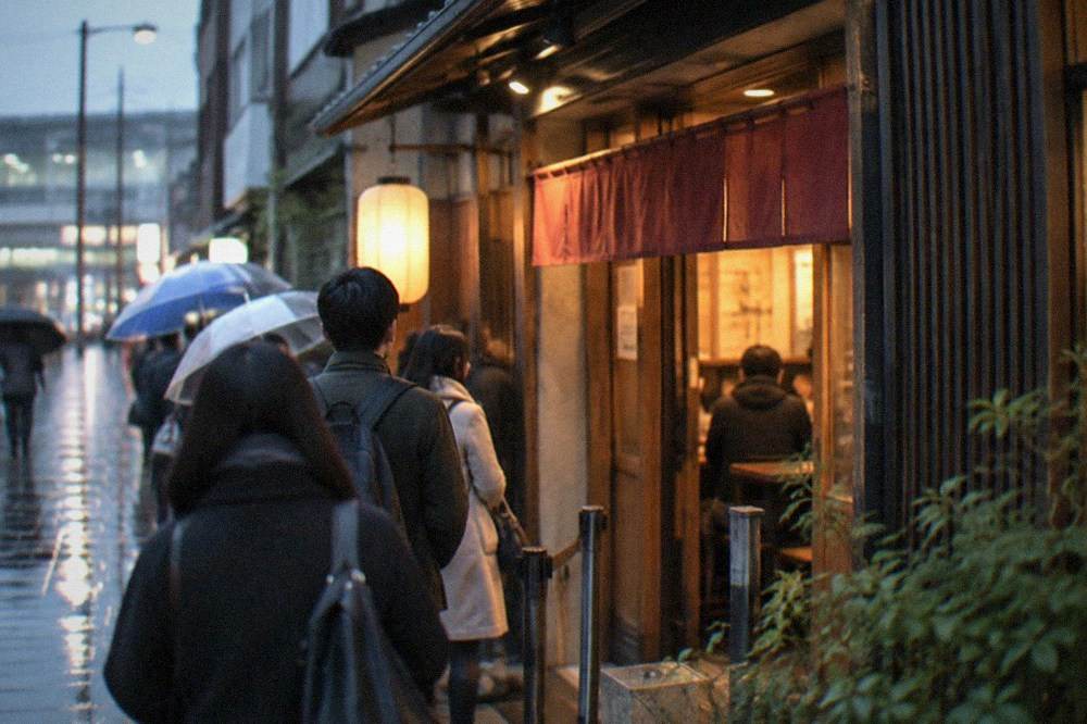 A narrow ramen shopfront glowing at night with a small queue outside