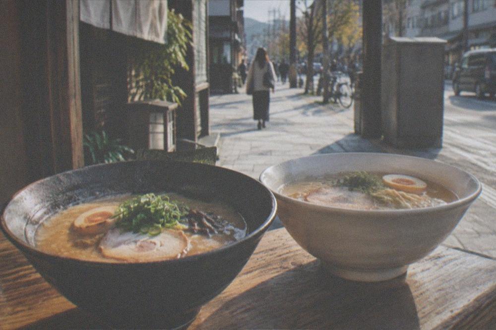 Two ramen bowls side by side, one dark and opaque and one lighter and clear