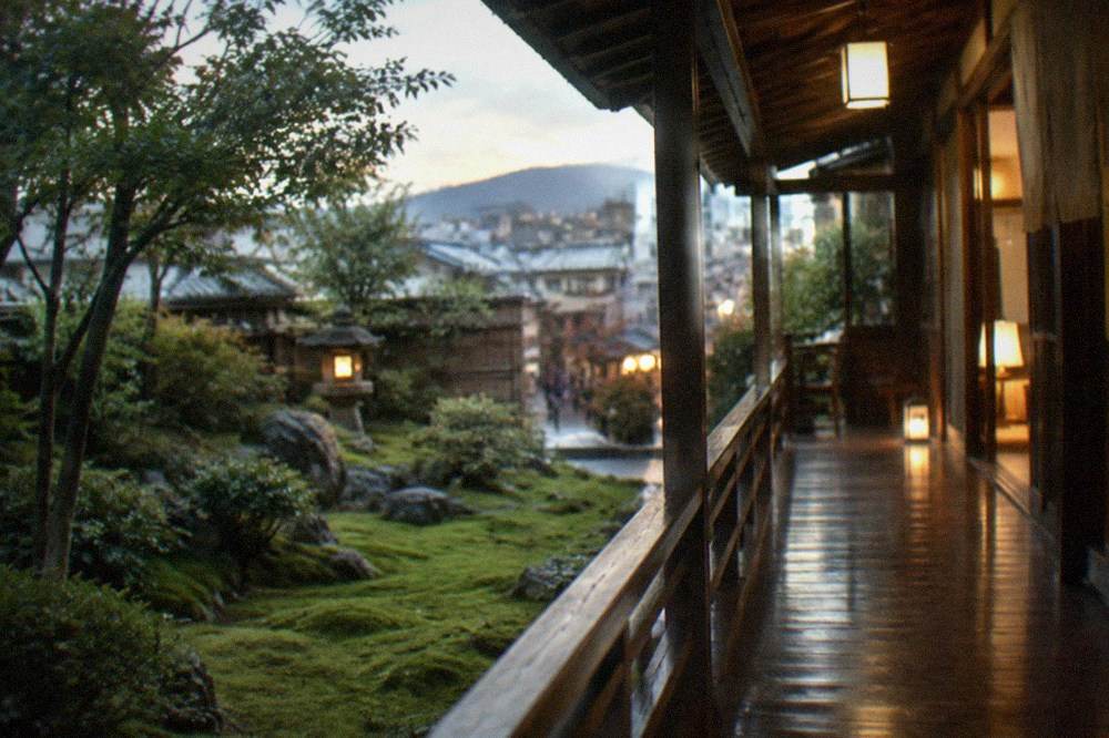 A wooden exterior corridor of a ryokan overlooking a moss garden at dusk