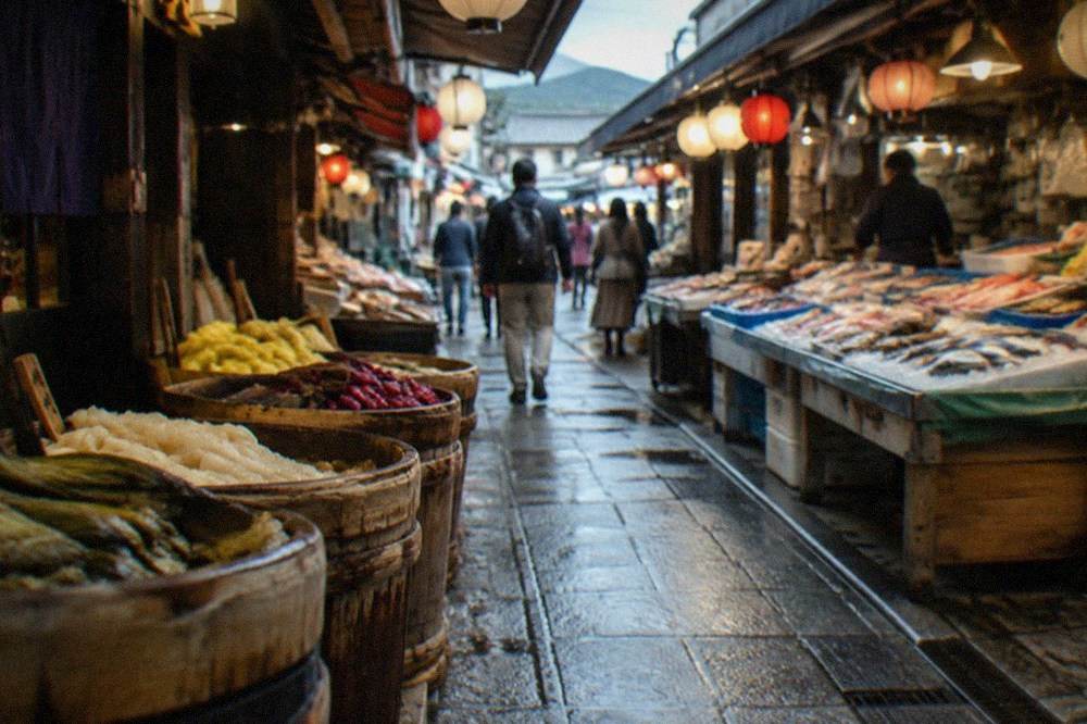 A narrow covered food market lane in Kyoto with pickle barrels, seafood stalls and lanterns overhead