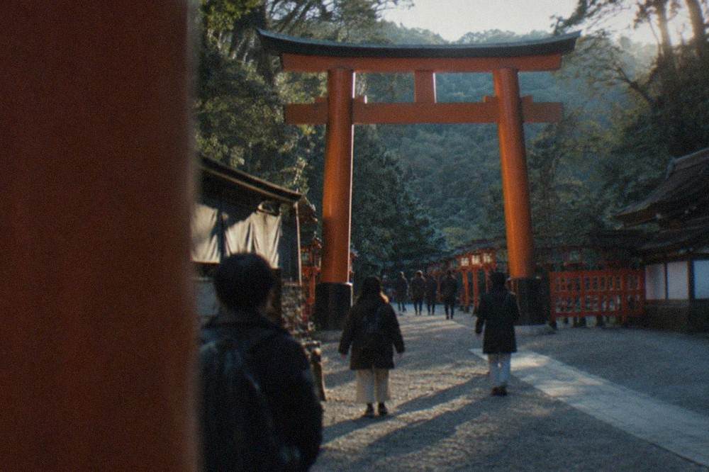 A large wooden shrine gate standing before forested slopes in early morning light