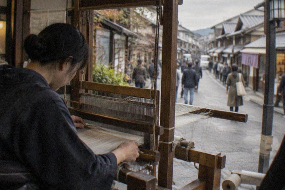 A weaver working at a wooden loom with fine silk threads
