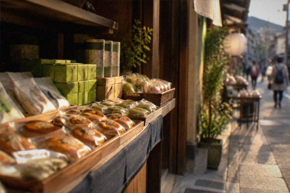 Baked sweet snacks and boxes of green tea arranged on a shop shelf