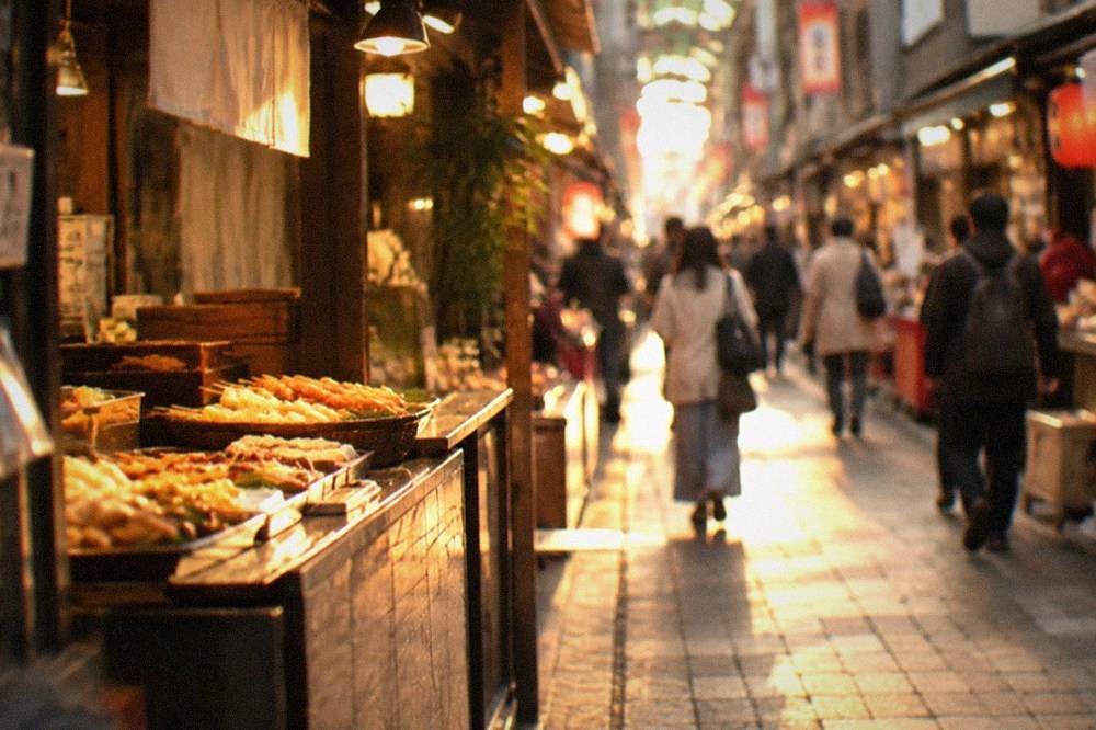 A shopping arcade with food counters and small restaurants lit for the evening