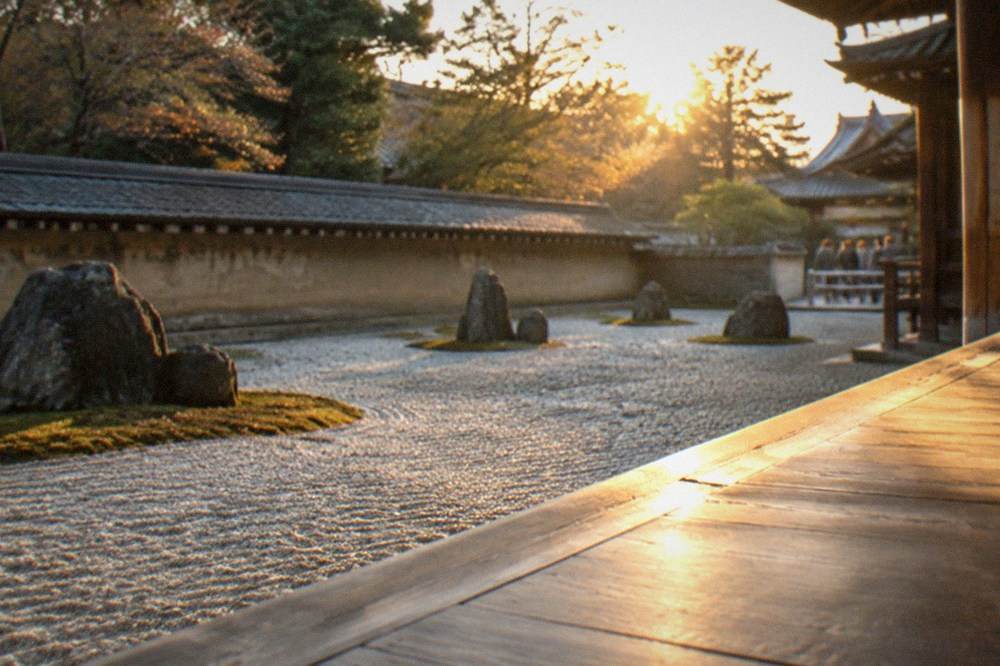Raked gravel rock garden at Ryoan-ji with moss patches and stone arrangement along a veranda edge