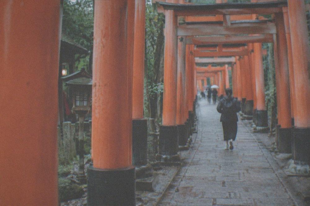 Rows of vermilion torii gates forming a tunnel along the forested path at Fushimi Inari