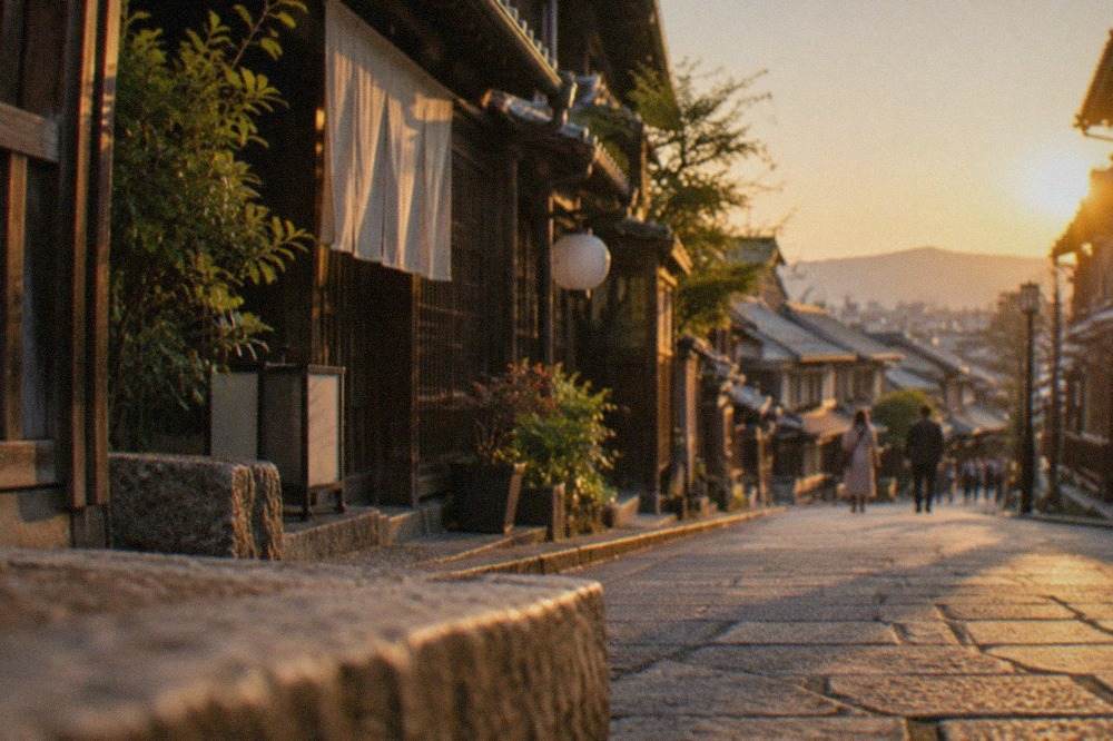 Traditional wooden machiya townhouses lining a quiet Kyoto street with tiled roofs