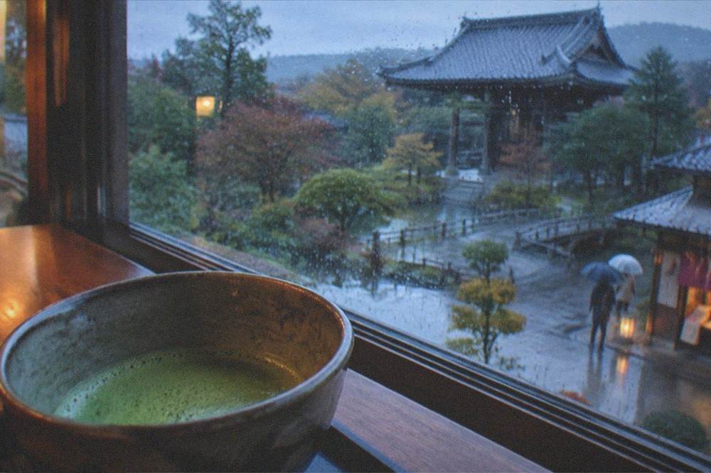 A cup of matcha beside a window overlooking a temple garden in rain