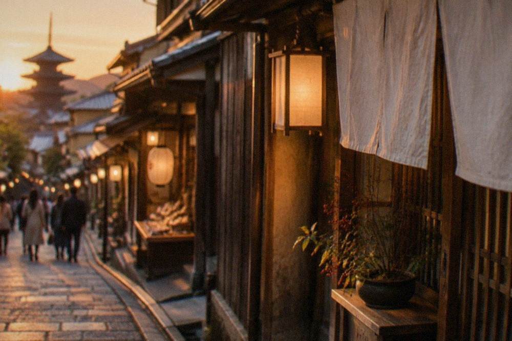 A stone-paved lane in the Higashiyama district at dusk, with traditional wooden machiya shopfronts and lanterns glowing