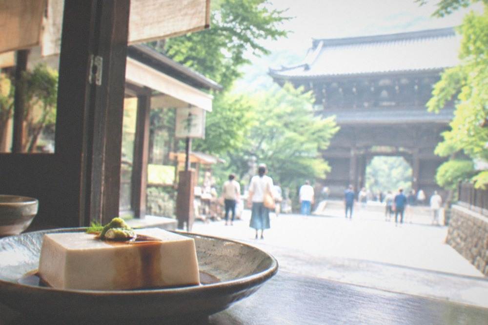 Chilled blocks of sesame tofu garnished with wasabi and soy sauce on a ceramic plate