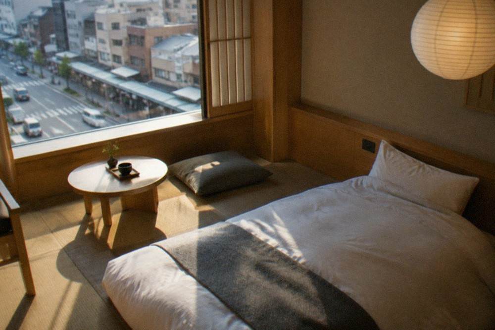 A modern hotel room with a low bed and paper lantern lighting in Kyoto