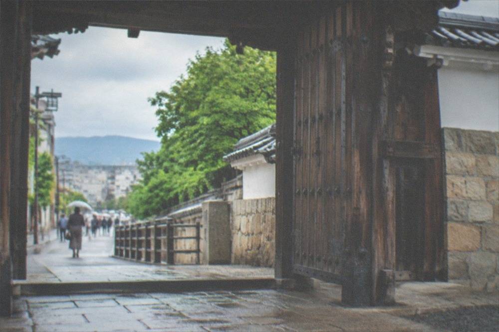 A wooden castle gate with carved details and stone ramparts