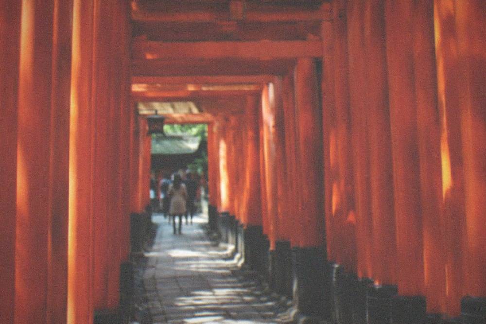 A red torii gate tunnel on the Fushimi Inari mountain path, gates packed closely on both sides