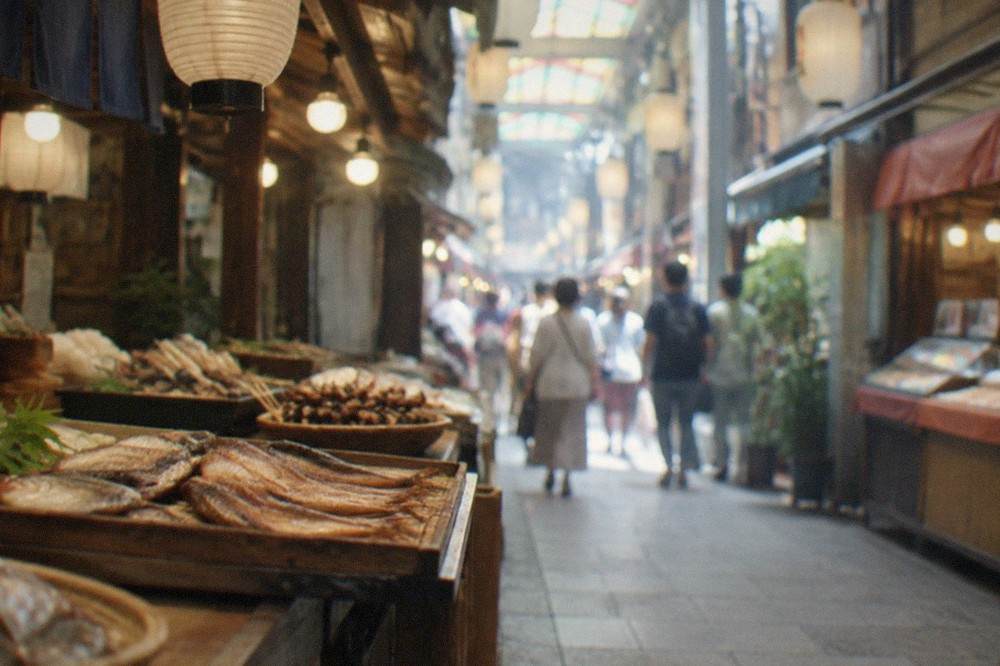 Covered Nishiki Market lane with lanterns and food stalls glowing overhead